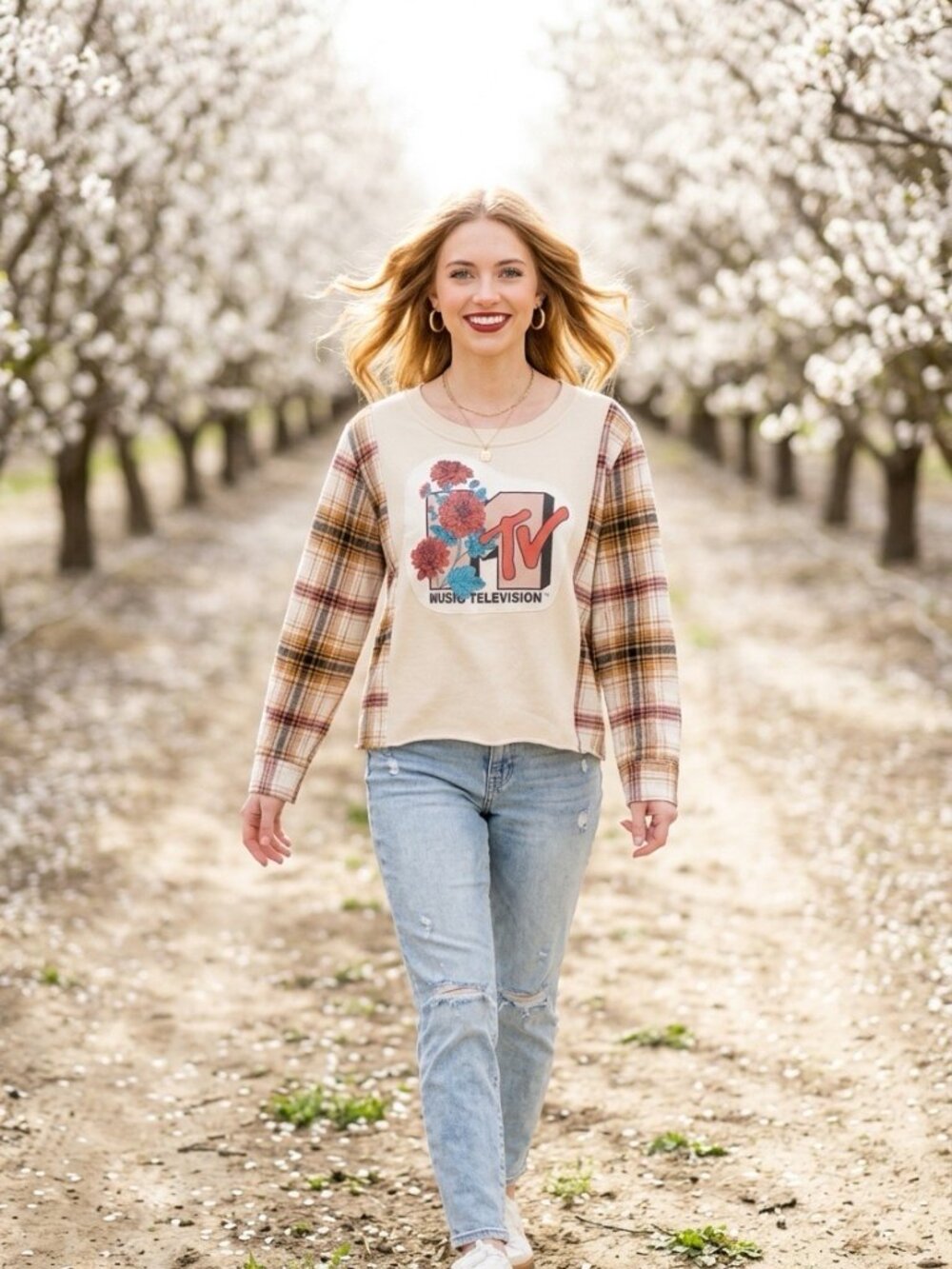 MTV Floral Graphic Plaid Sleeve Sweatshirt - Upcycled